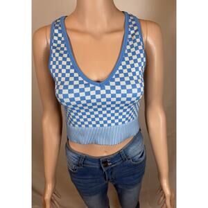 Blue Checkered Knit Sleeveless Crop Top